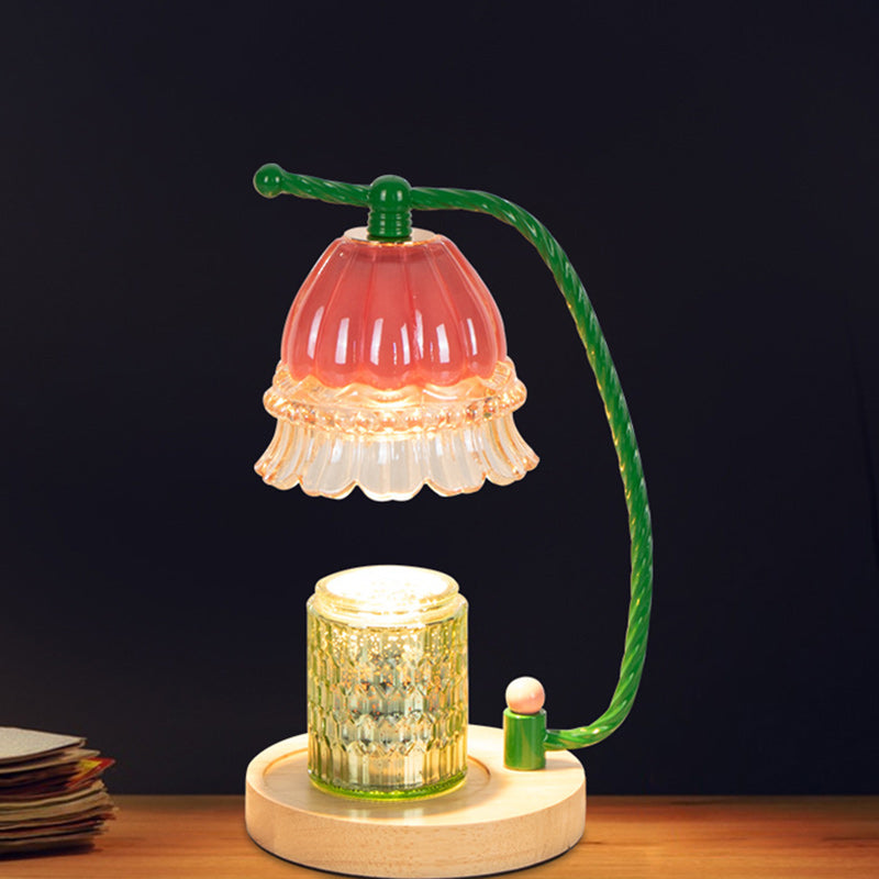 Contemporary Scandinavian Cylinder Bellflower Disc Base Wood Glass 1-Light Melting Wax Table Lamp For Bedroom