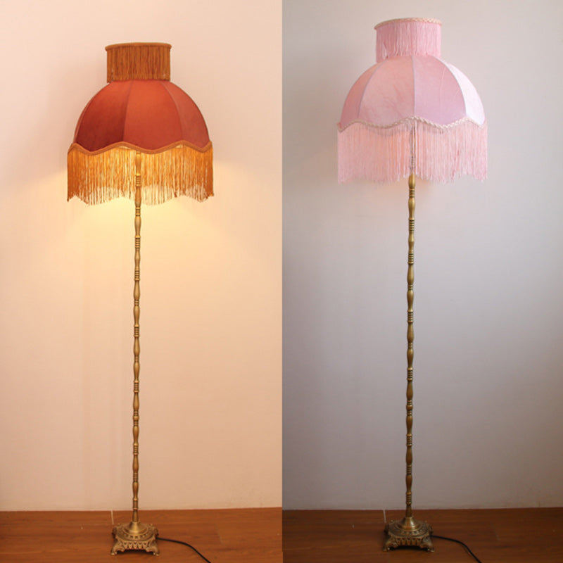 Traditional Vintage Cylinder Semicircle Tassel Fabric Copper 1-Light Standing Floor Lamp For Living Room