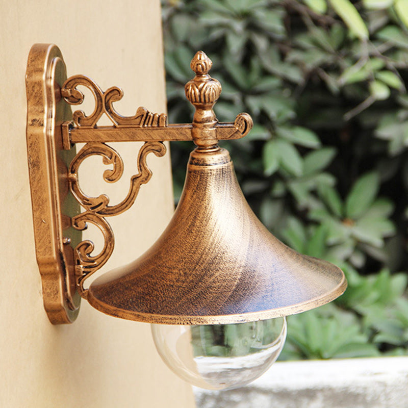 Traditional Vintage Waterproof Flared Carved Iron Die-Cast Aluminum Acrylic 1-Light Outdoor Wall Sconce Lamp For Garden