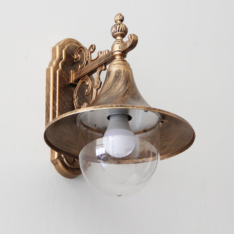 Traditional Vintage Waterproof Flared Carved Iron Die-Cast Aluminum Acrylic 1-Light Outdoor Wall Sconce Lamp For Garden