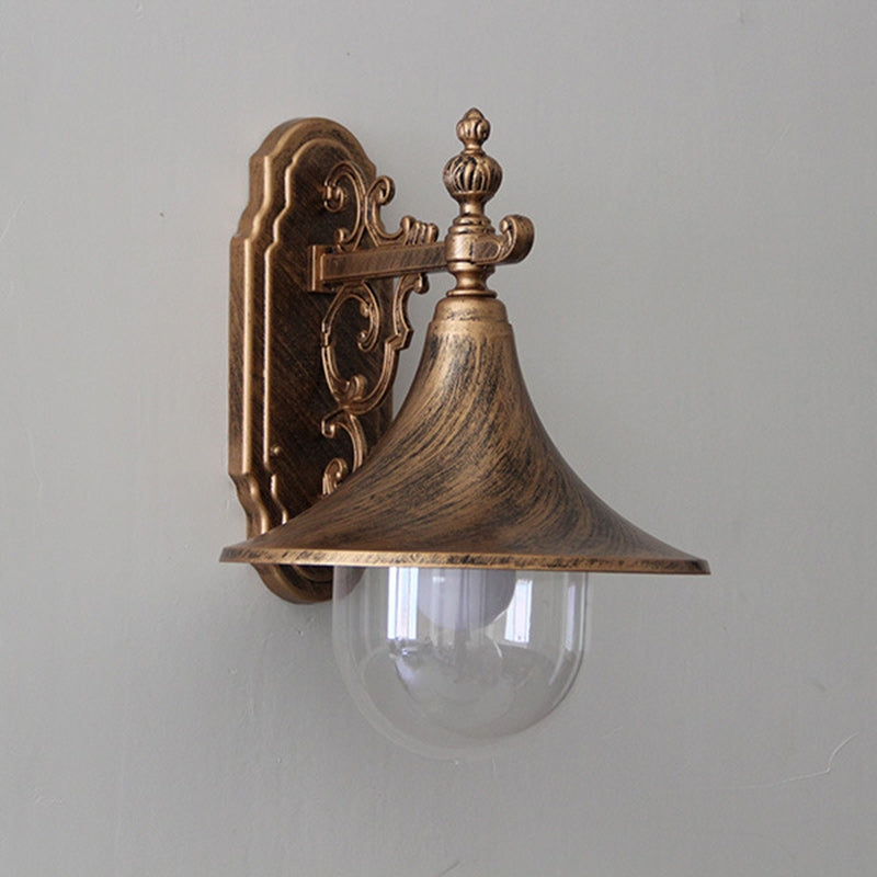 Traditional Vintage Waterproof Flared Carved Iron Die-Cast Aluminum Acrylic 1-Light Outdoor Wall Sconce Lamp For Garden