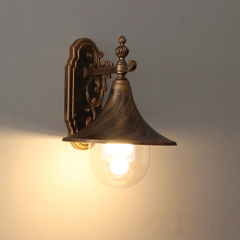 Traditional Vintage Waterproof Flared Carved Iron Die-Cast Aluminum Acrylic 1-Light Outdoor Wall Sconce Lamp For Garden