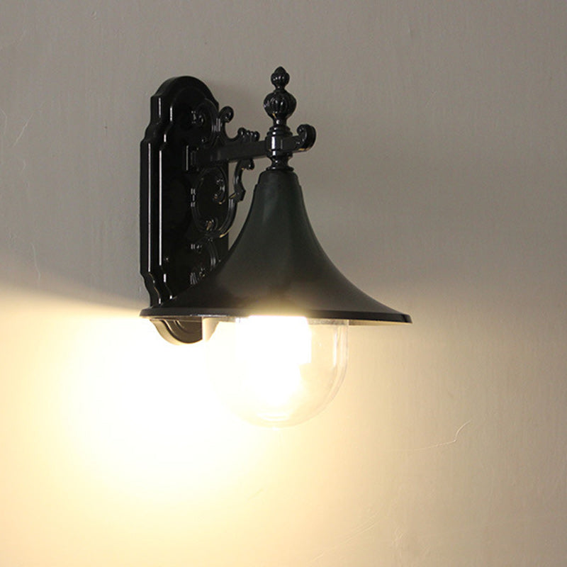 Traditional Vintage Waterproof Flared Carved Iron Die-Cast Aluminum Acrylic 1-Light Outdoor Wall Sconce Lamp For Garden