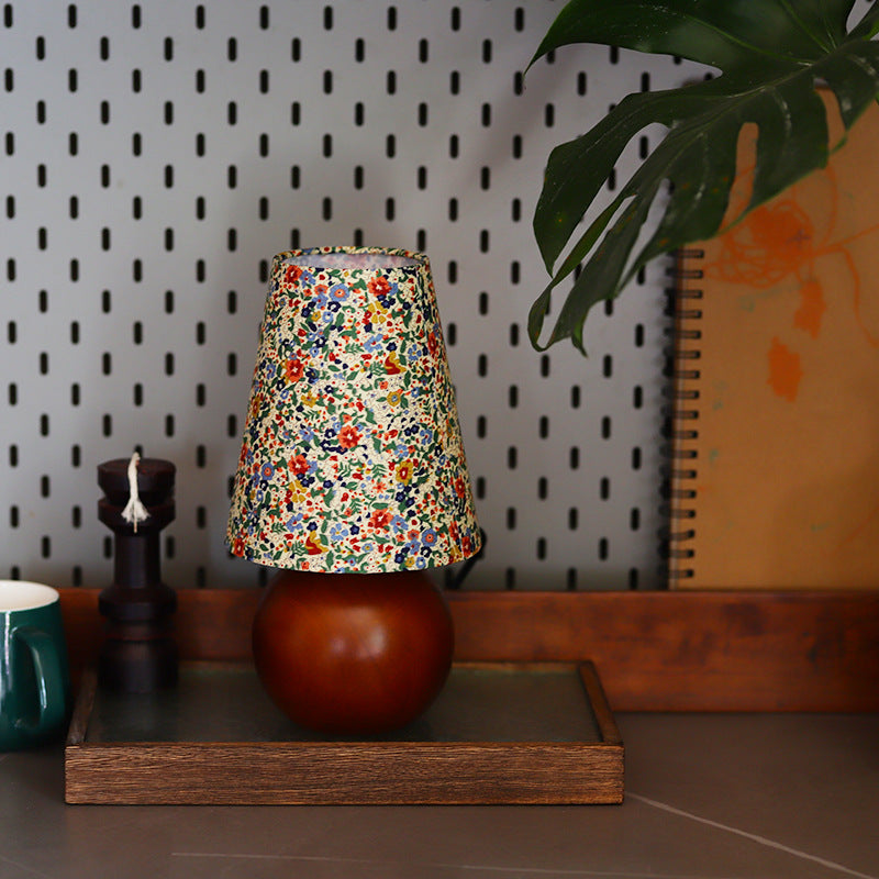 Traditional Vintage Cylinder Ball Round Table Floral Solid Wood Fabric 1-Light Table Lamp For Bedroom