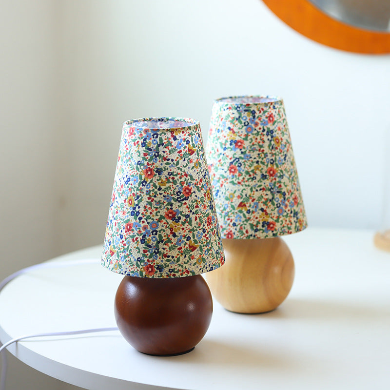 Traditional Vintage Cylinder Ball Round Table Floral Solid Wood Fabric 1-Light Table Lamp For Bedroom