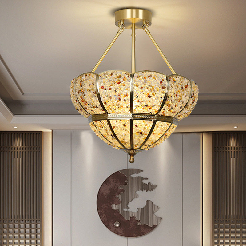 Traditional Vintage Semicircle Umbrella Copper Crystal 3-Light Pendant Light For Living Room