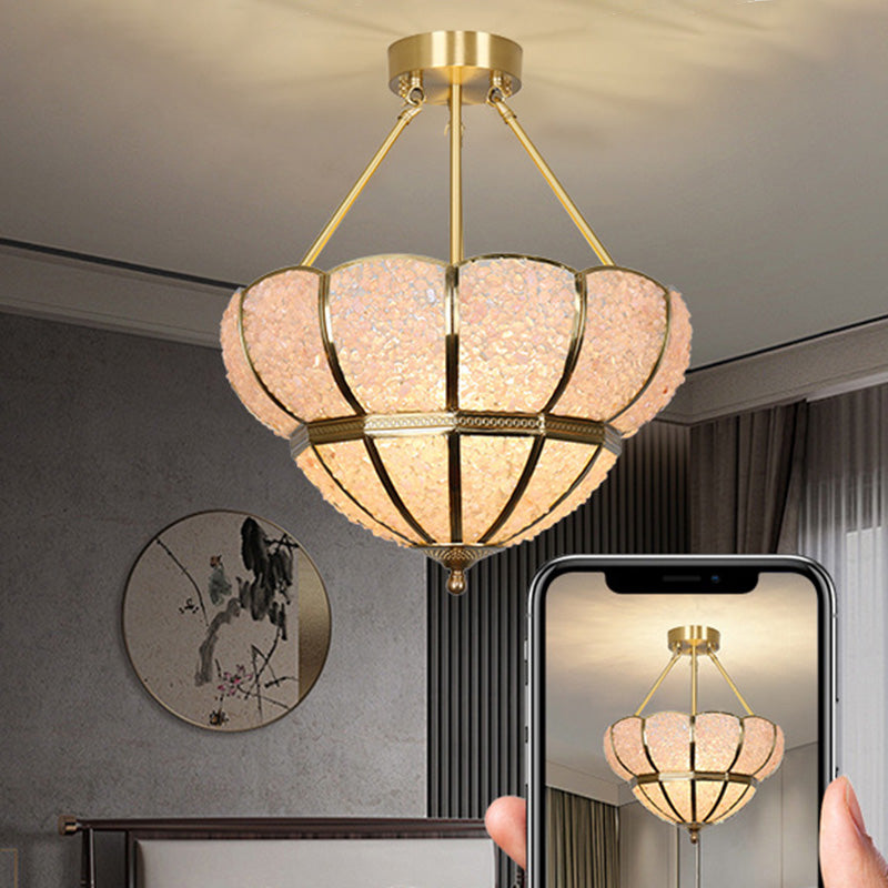 Traditional Vintage Semicircle Umbrella Copper Crystal 3-Light Pendant Light For Living Room