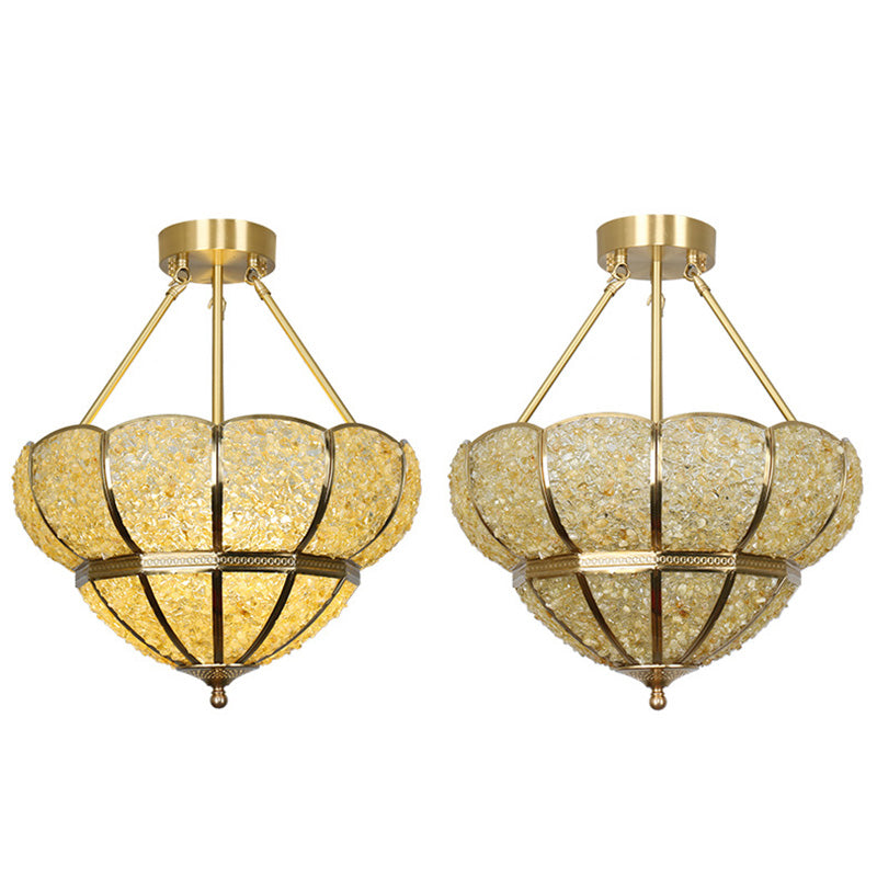 Traditional Vintage Semicircle Umbrella Copper Crystal 3-Light Pendant Light For Living Room