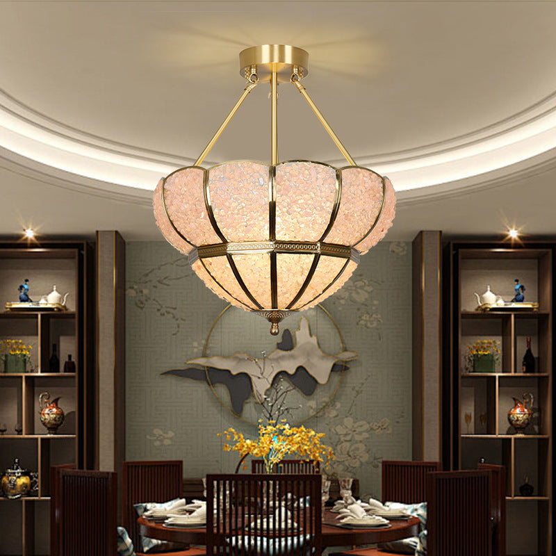 Traditional Vintage Semicircle Umbrella Copper Crystal 3-Light Pendant Light For Living Room