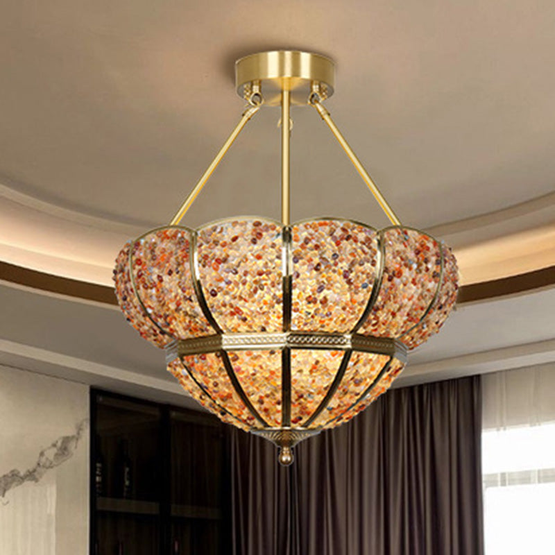 Traditional Vintage Semicircle Umbrella Copper Crystal 3-Light Pendant Light For Living Room