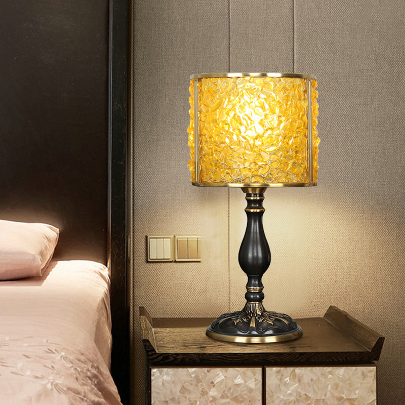 Contemporary Scandinavian Cylinder Striped Pellet Shard Disc Base Crystal Copper 1-Light Table Lamp For Bedroom
