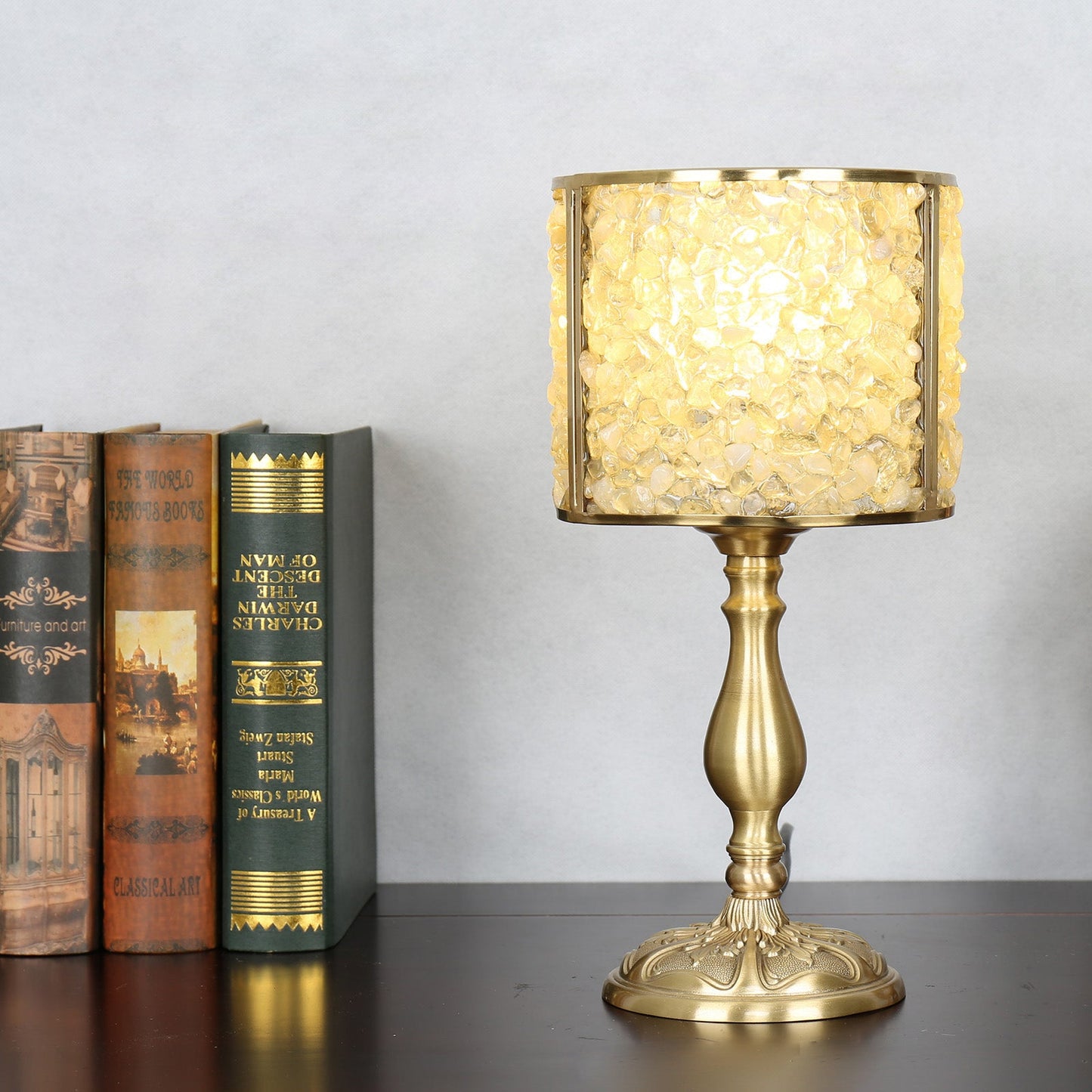 Contemporary Scandinavian Cylinder Striped Pellet Shard Disc Base Crystal Copper 1-Light Table Lamp For Bedroom