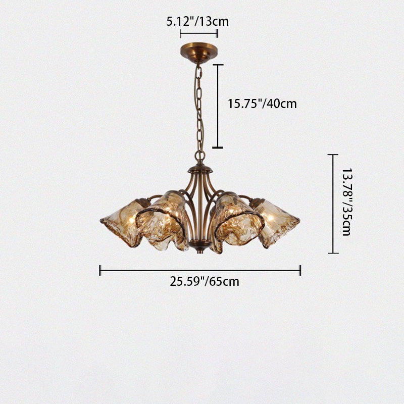 Traditional Vintage Branching Trombone Copper Glass 6/8 Light Chandelier For Living Room