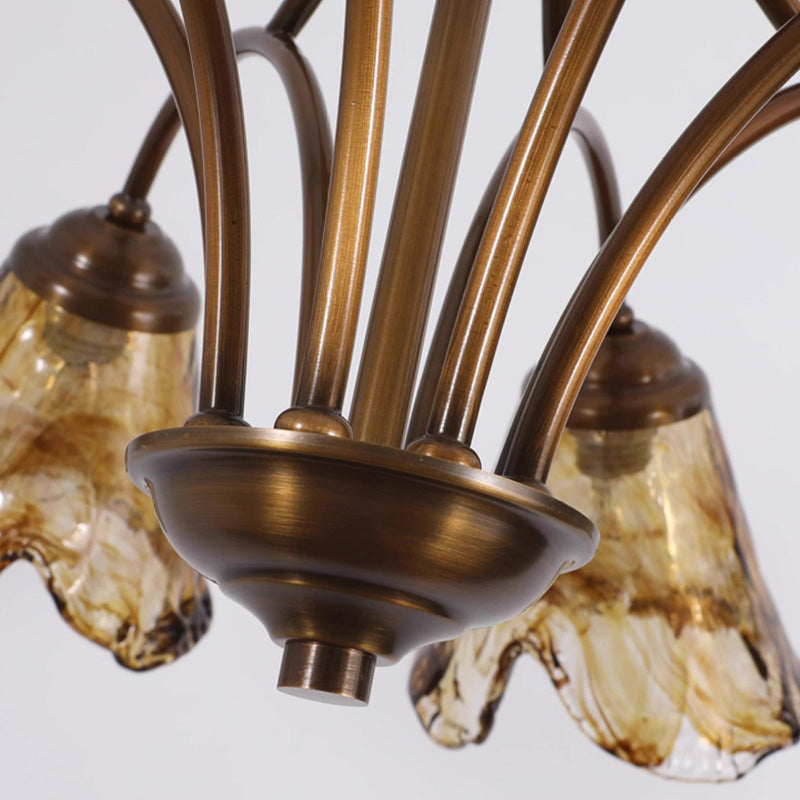 Traditional Vintage Branching Trombone Copper Glass 6/8 Light Chandelier For Living Room