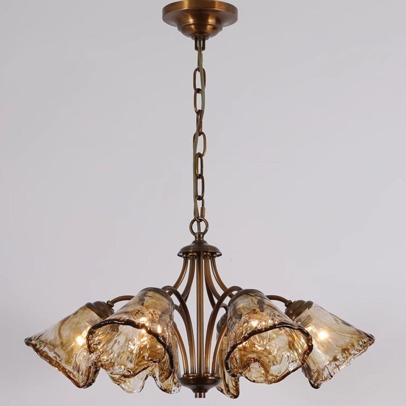 Traditional Vintage Branching Trombone Copper Glass 6/8 Light Chandelier For Living Room