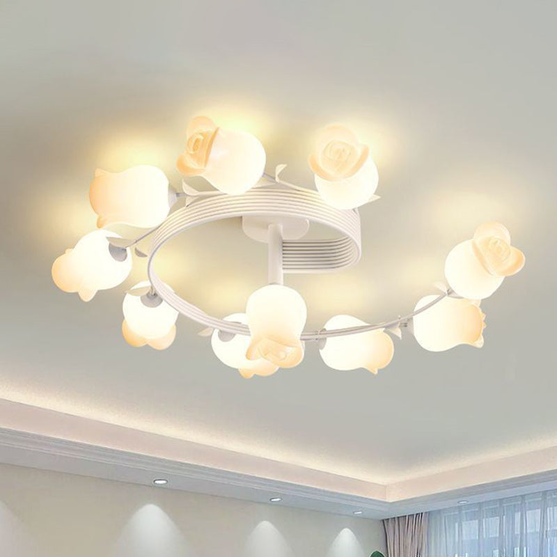 Contemporary Creative Branch Rose Flower Long Iron PE 4/5/6/10 Light Semi-Flush Mount Ceiling Light For Living Room