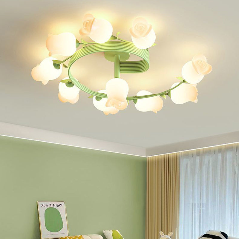 Contemporary Creative Branch Rose Flower Long Iron PE 4/5/6/10 Light Semi-Flush Mount Ceiling Light For Living Room