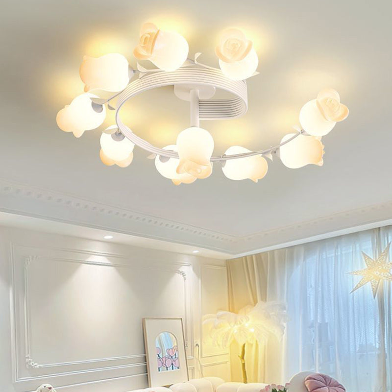 Contemporary Creative Branch Rose Flower Long Iron PE 4/5/6/10 Light Semi-Flush Mount Ceiling Light For Living Room