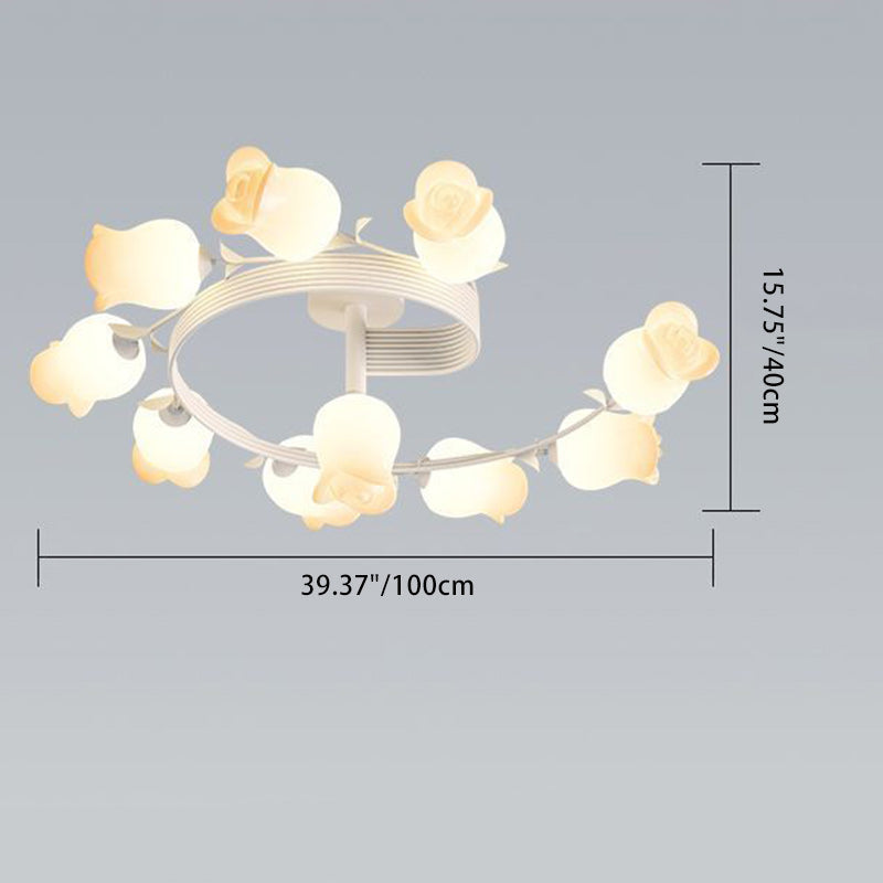 Contemporary Creative Branch Rose Flower Long Iron PE 4/5/6/10 Light Semi-Flush Mount Ceiling Light For Living Room