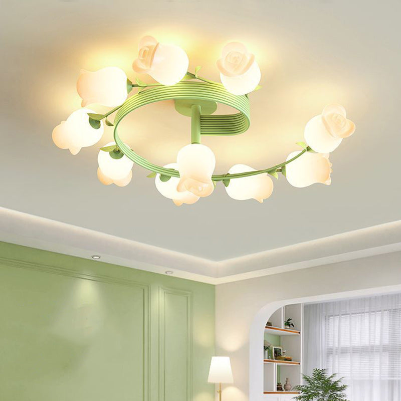 Contemporary Creative Branch Rose Flower Long Iron PE 4/5/6/10 Light Semi-Flush Mount Ceiling Light For Living Room