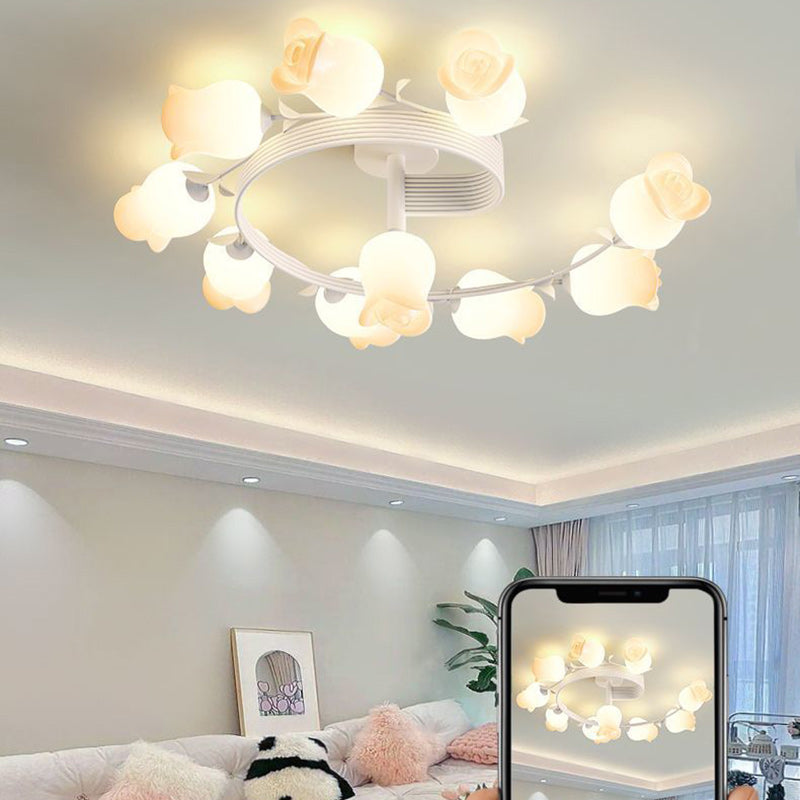 Contemporary Creative Branch Rose Flower Long Iron PE 4/5/6/10 Light Semi-Flush Mount Ceiling Light For Living Room