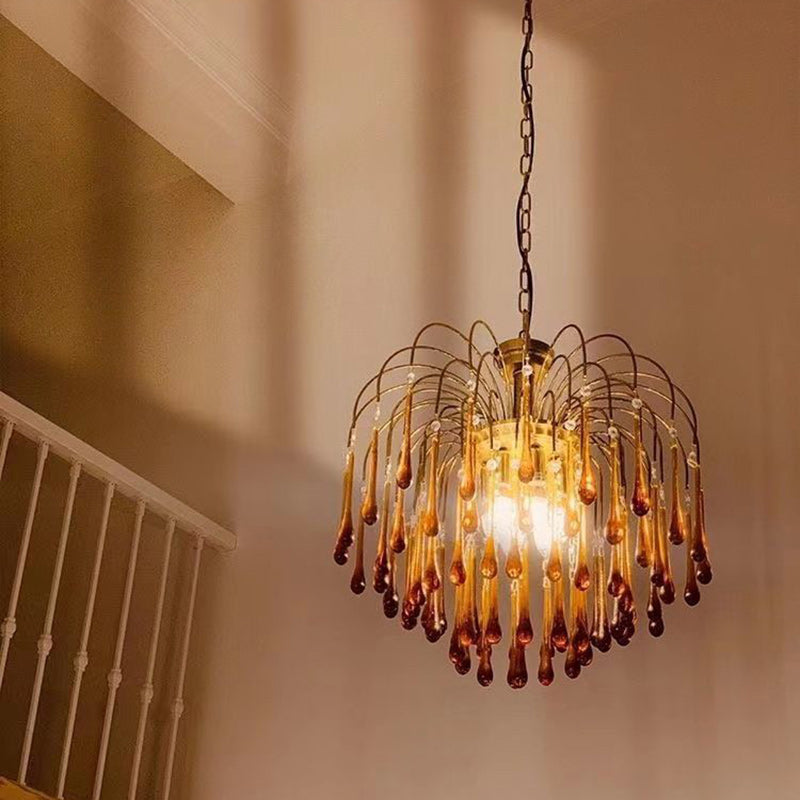 Traditional Vintage Branch Cylinder Tear Drop Copper Glass 3/4/6/12 Light Chandelier For Living Room