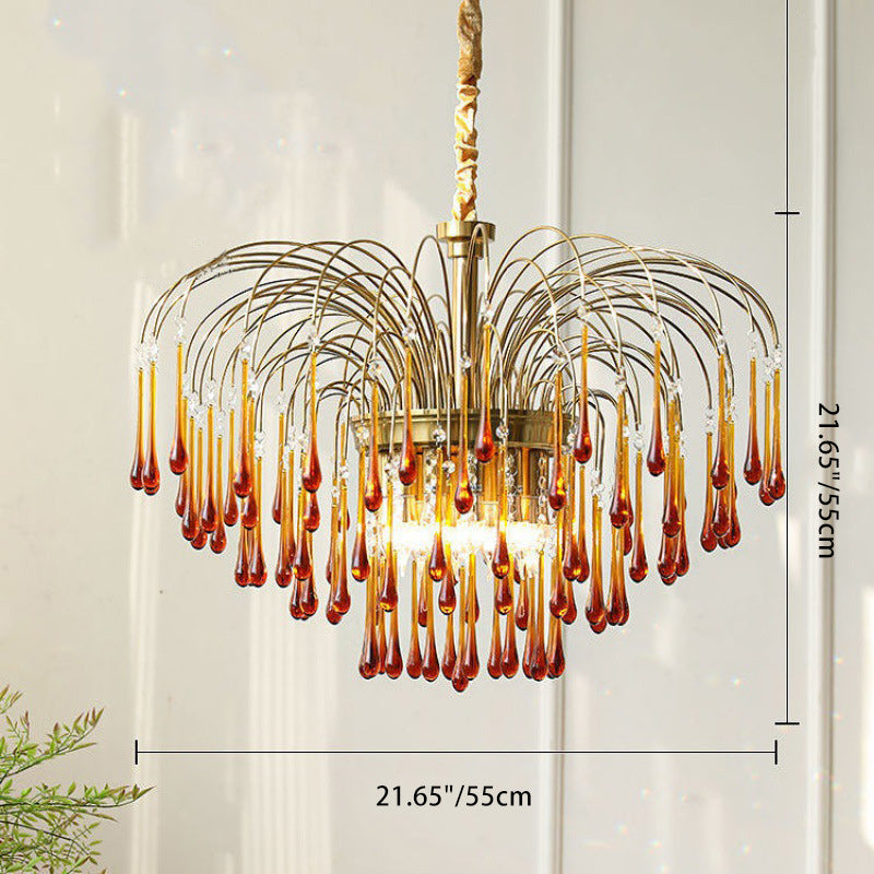 Traditional Vintage Branch Cylinder Tear Drop Copper Glass 3/4/6/12 Light Chandelier For Living Room