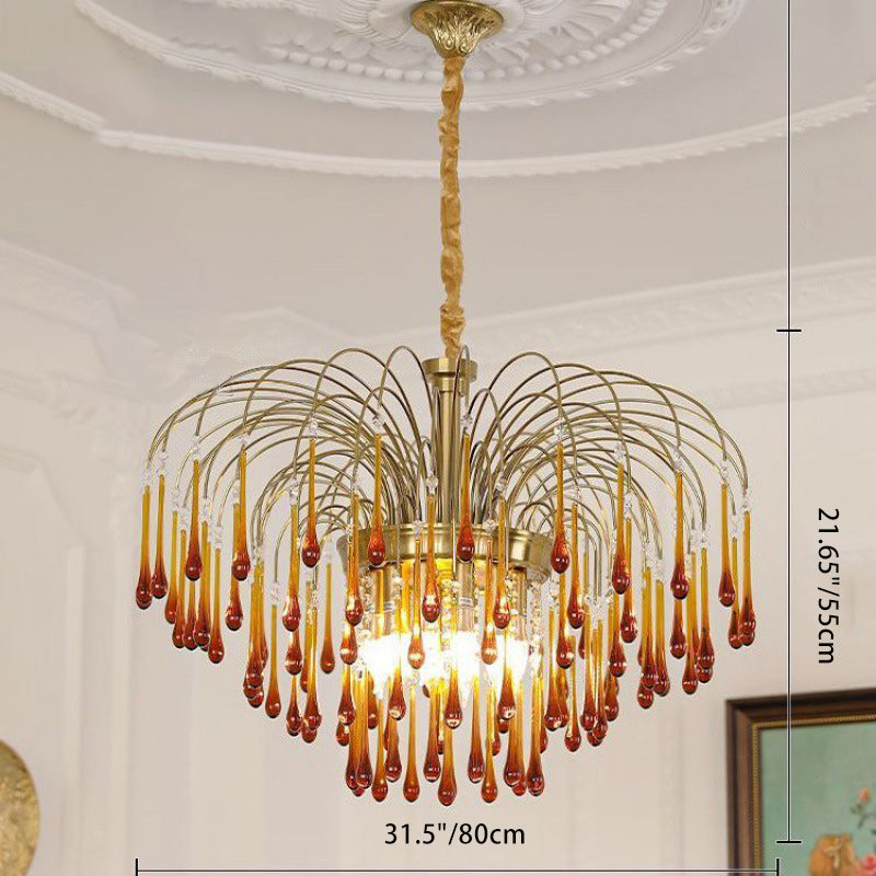 Traditional Vintage Branch Cylinder Tear Drop Copper Glass 3/4/6/12 Light Chandelier For Living Room