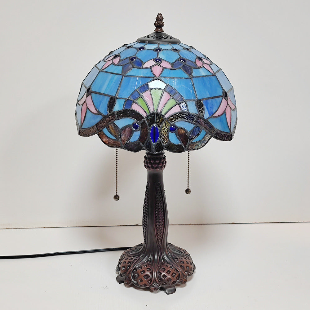 Traditional Tiffany Half Round Cylinder Petal Dragonfly Stained Glass Resin 2-Light Table Lamp For Bedroom