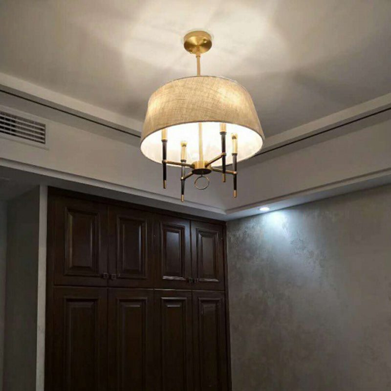 Traditional Chinese Round Table Cylinder Staggered Circle Copper Plated Full Brass Fabric 4-Light Pendant Light For Living Room