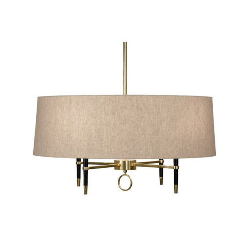 Traditional Chinese Round Table Cylinder Staggered Circle Copper Plated Full Brass Fabric 4-Light Pendant Light For Living Room