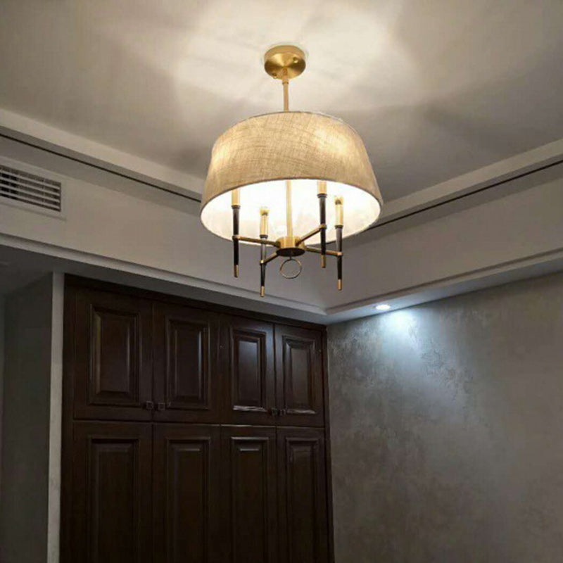Traditional Chinese Round Table Cylinder Staggered Circle Copper Plated Full Brass Fabric 4-Light Pendant Light For Living Room