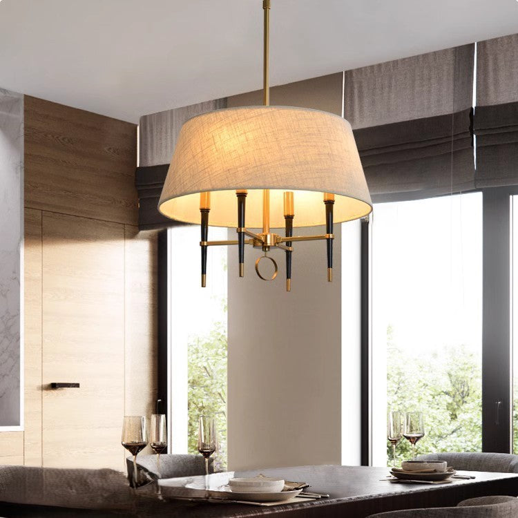 Traditional Chinese Round Table Cylinder Staggered Circle Copper Plated Full Brass Fabric 4-Light Pendant Light For Living Room