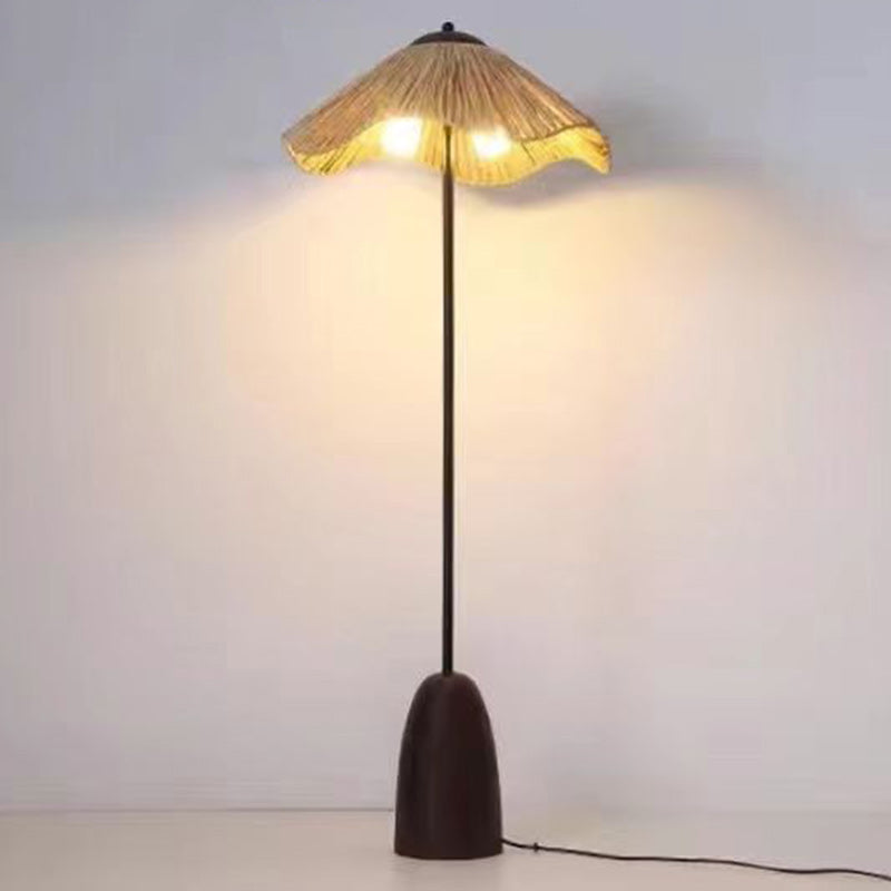 Traditional Vintage Umbrella Cylinder Iron Straw 2-Light Standing Floor Lamp For Living Room