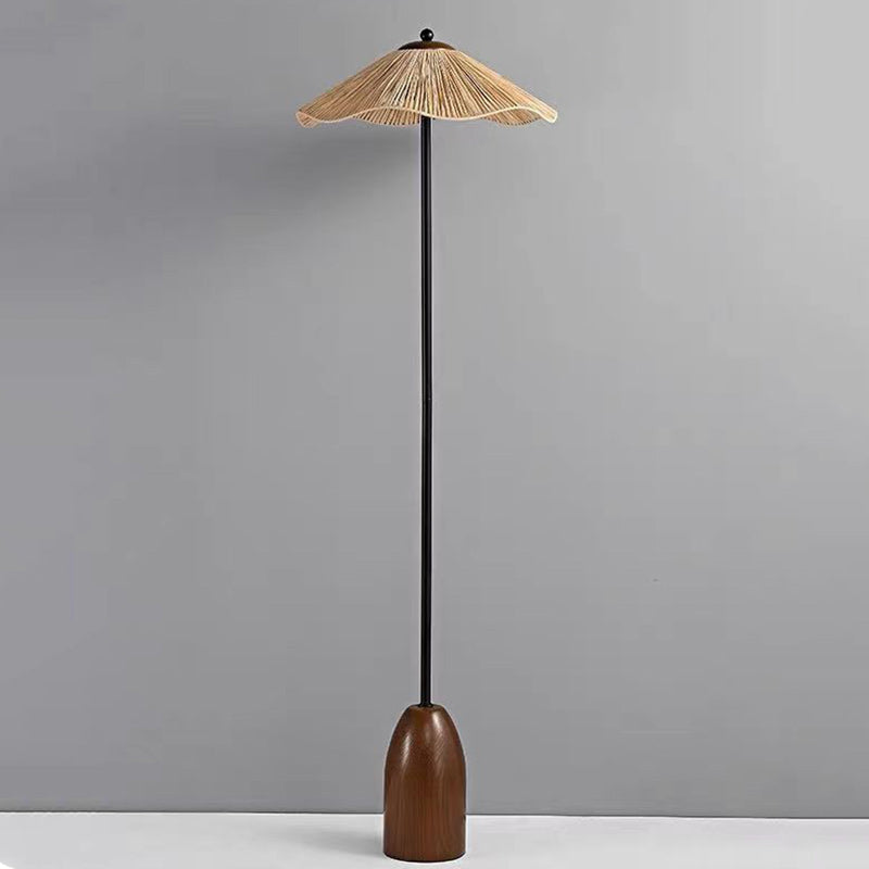 Traditional Vintage Umbrella Cylinder Iron Straw 2-Light Standing Floor Lamp For Living Room