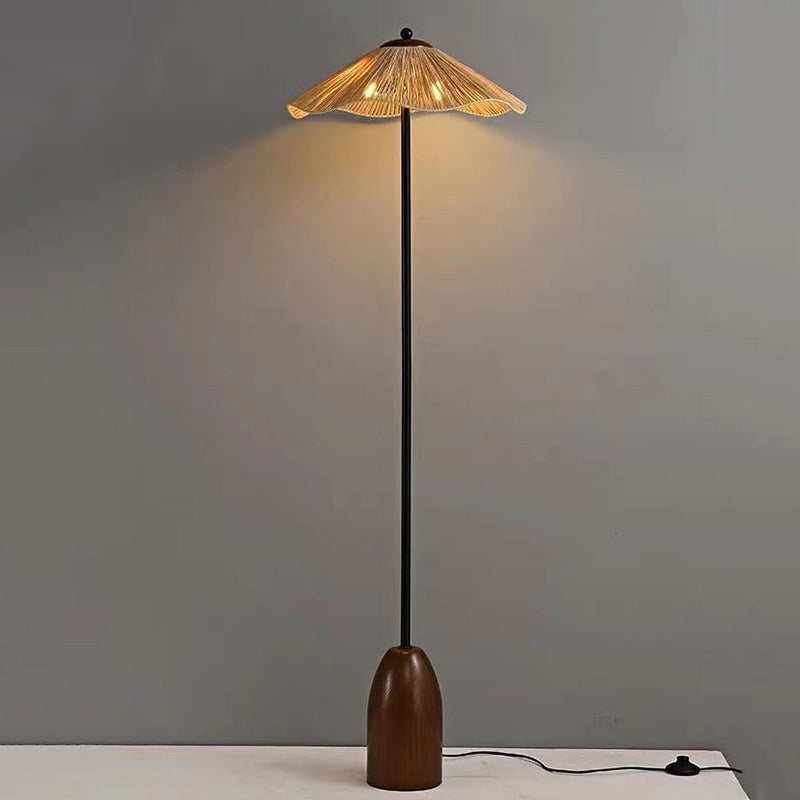 Traditional Vintage Umbrella Cylinder Iron Straw 2-Light Standing Floor Lamp For Living Room