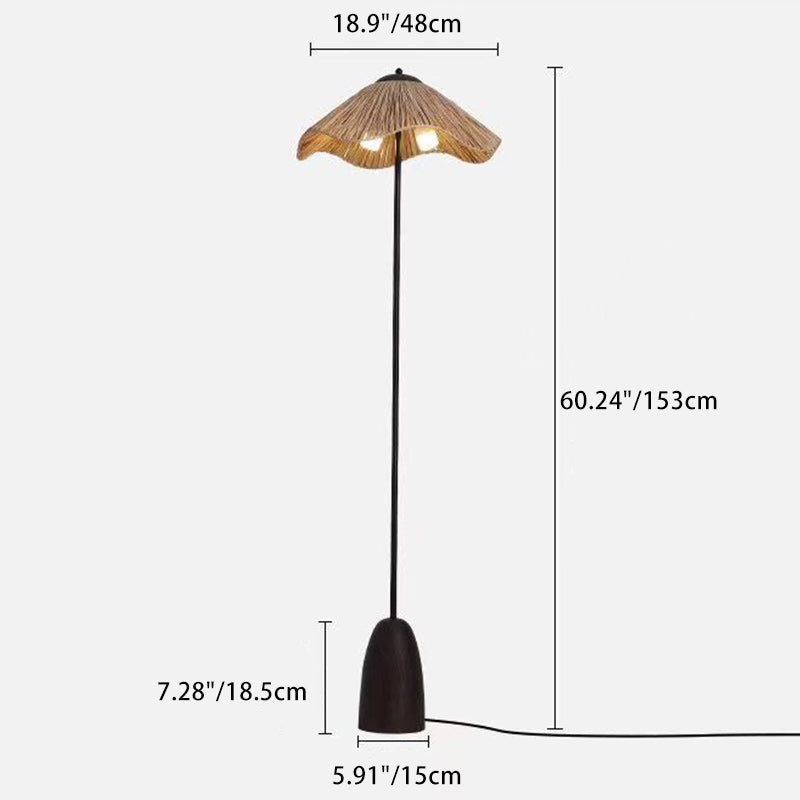 Traditional Vintage Umbrella Cylinder Iron Straw 2-Light Standing Floor Lamp For Living Room