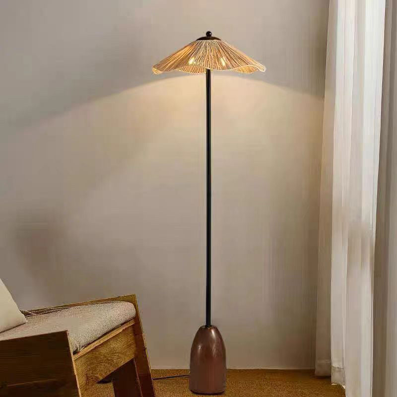 Traditional Vintage Umbrella Cylinder Iron Straw 2-Light Standing Floor Lamp For Living Room