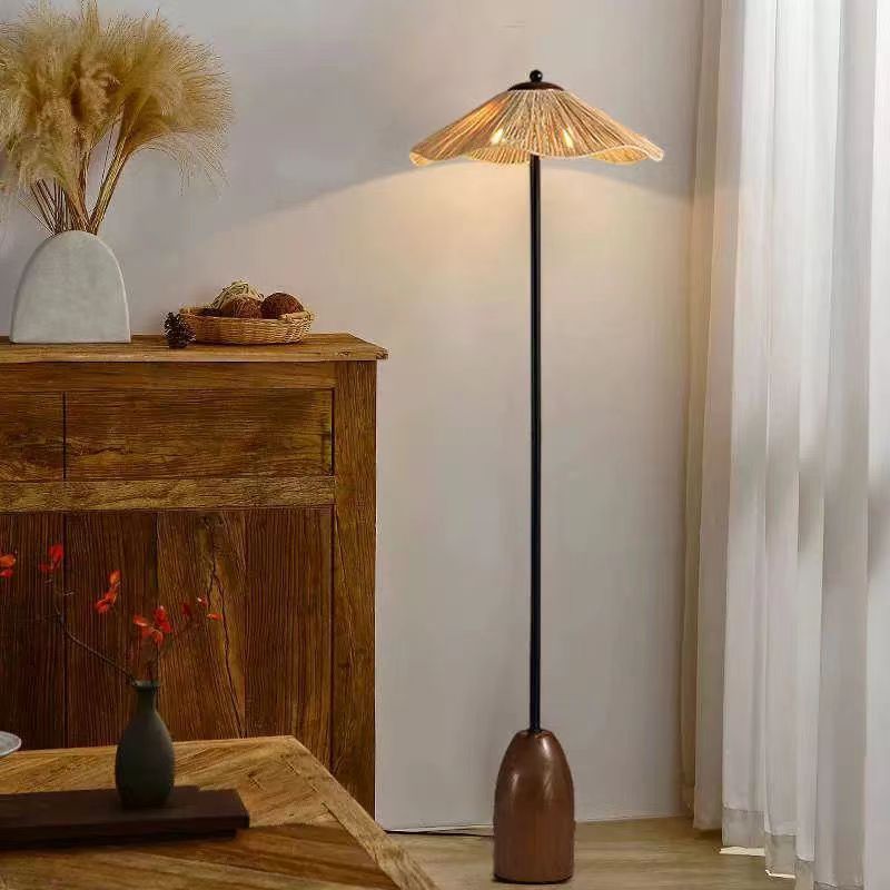 Traditional Vintage Umbrella Cylinder Iron Straw 2-Light Standing Floor Lamp For Living Room