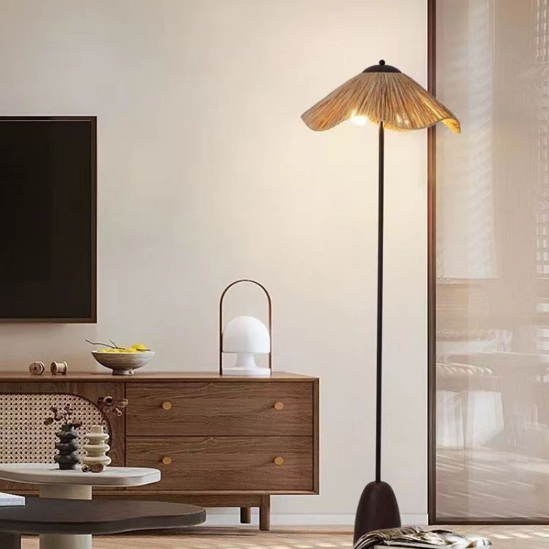 Traditional Vintage Umbrella Cylinder Iron Straw 2-Light Standing Floor Lamp For Living Room