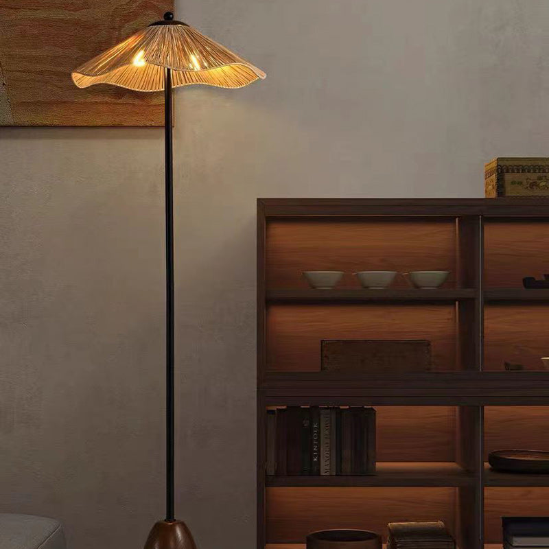 Traditional Vintage Umbrella Cylinder Iron Straw 2-Light Standing Floor Lamp For Living Room