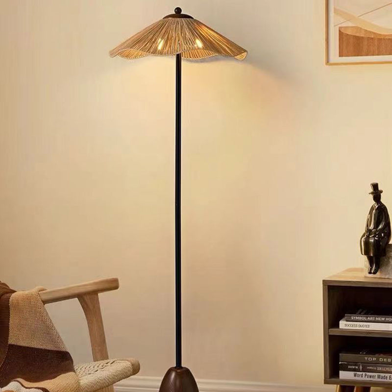 Traditional Vintage Umbrella Cylinder Iron Straw 2-Light Standing Floor Lamp For Living Room