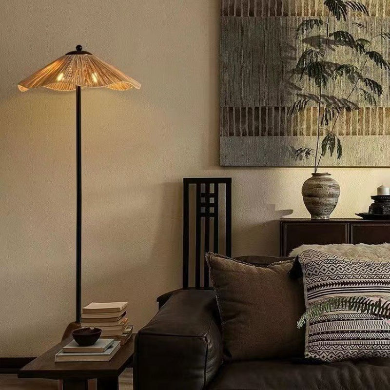 Traditional Vintage Umbrella Cylinder Iron Straw 2-Light Standing Floor Lamp For Living Room