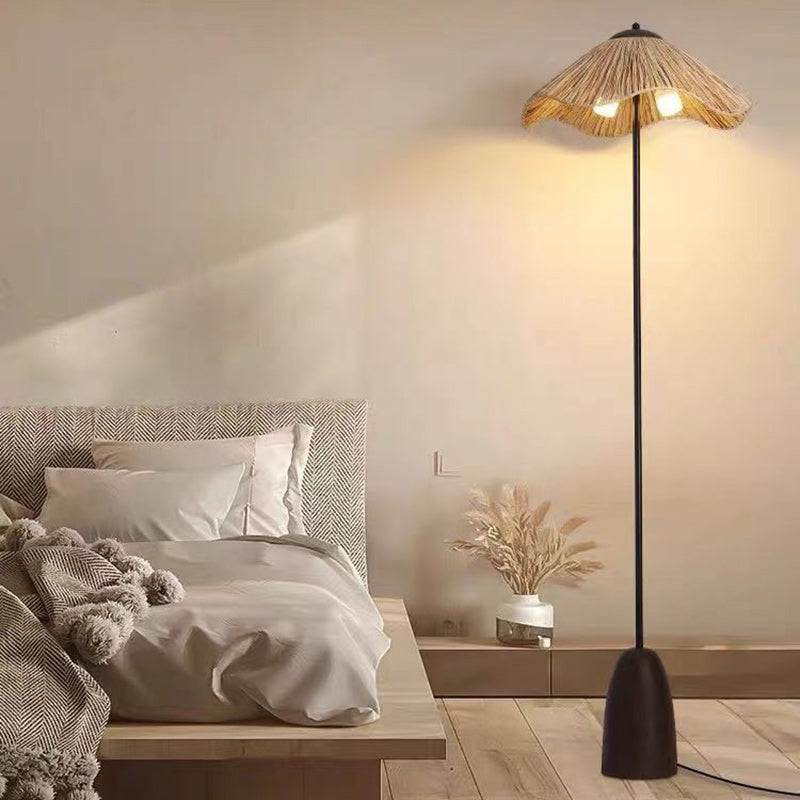 Traditional Vintage Umbrella Cylinder Iron Straw 2-Light Standing Floor Lamp For Living Room