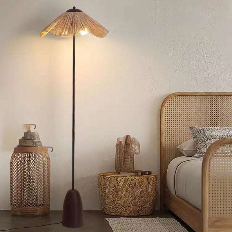 Traditional Vintage Umbrella Cylinder Iron Straw 2-Light Standing Floor Lamp For Living Room