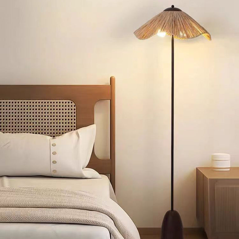 Traditional Vintage Umbrella Cylinder Iron Straw 2-Light Standing Floor Lamp For Living Room