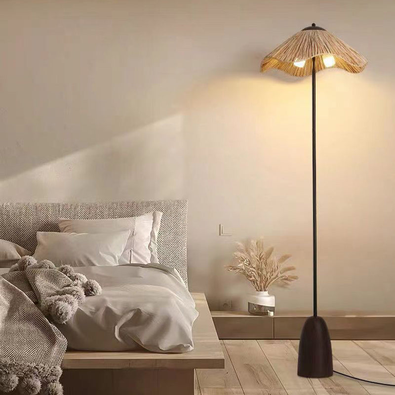 Traditional Vintage Umbrella Cylinder Iron Straw 2-Light Standing Floor Lamp For Living Room