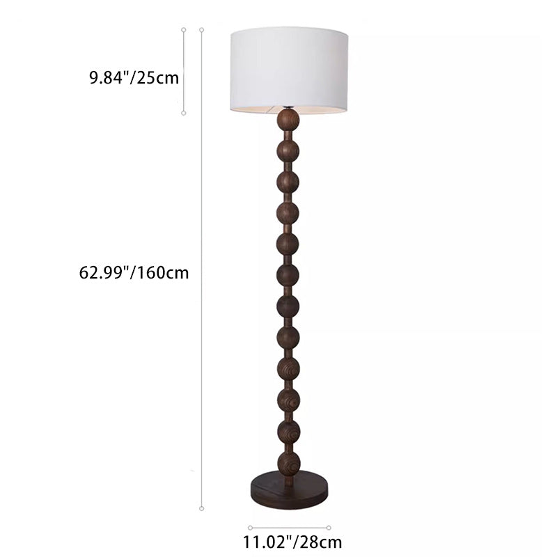 Traditional Vintage Cylinder Small Ball Iron Woodgrain Fabric 1-Light Standing Floor Lamp For Living Room