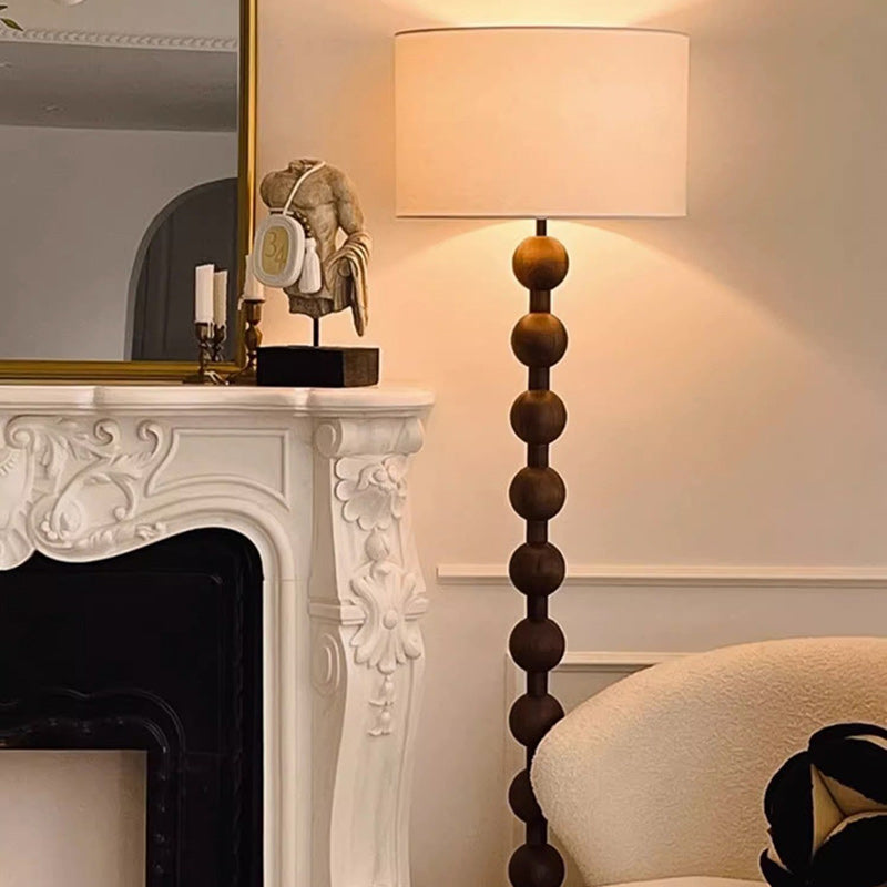 Traditional Vintage Cylinder Small Ball Iron Woodgrain Fabric 1-Light Standing Floor Lamp For Living Room