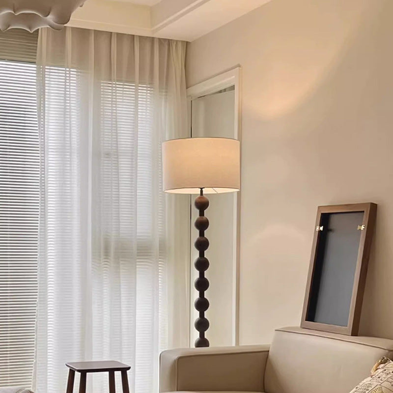 Traditional Vintage Cylinder Small Ball Iron Woodgrain Fabric 1-Light Standing Floor Lamp For Living Room